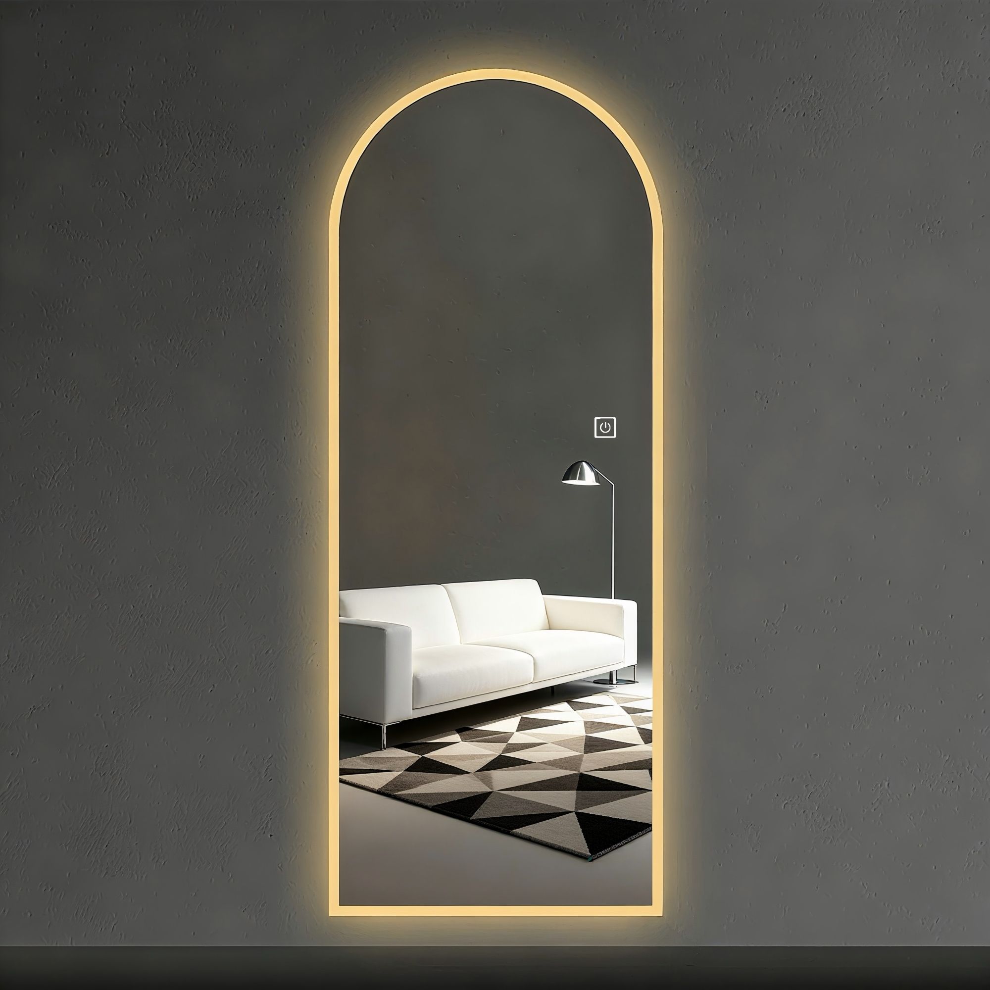 LED Full Length Wall Mirror With Symmetrical Arch Design, Dimmable 3 Color Temperature Lighting - Silver