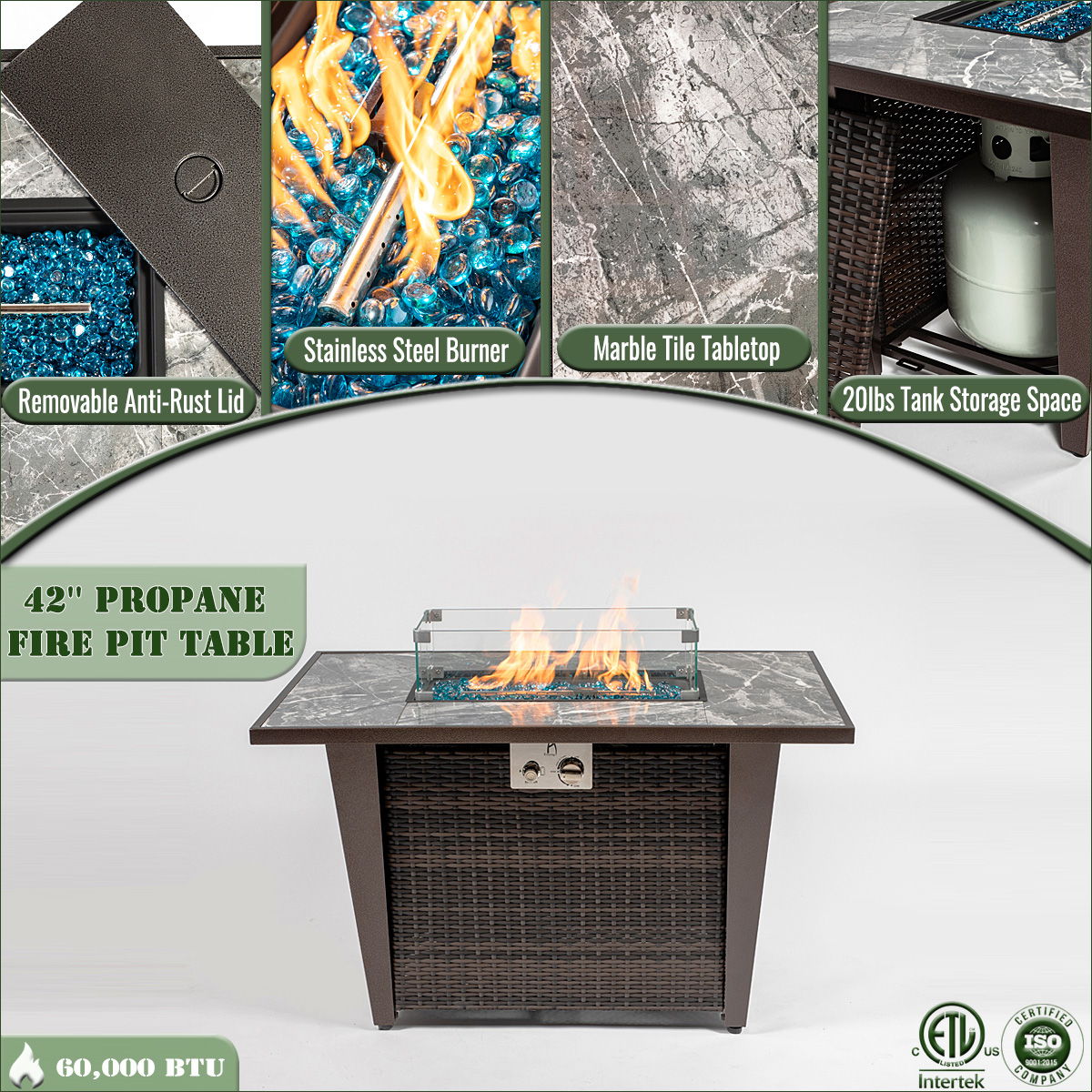 Fire Pit Table, Glass Wind Guard And Rain Cover, Lid - Brown
