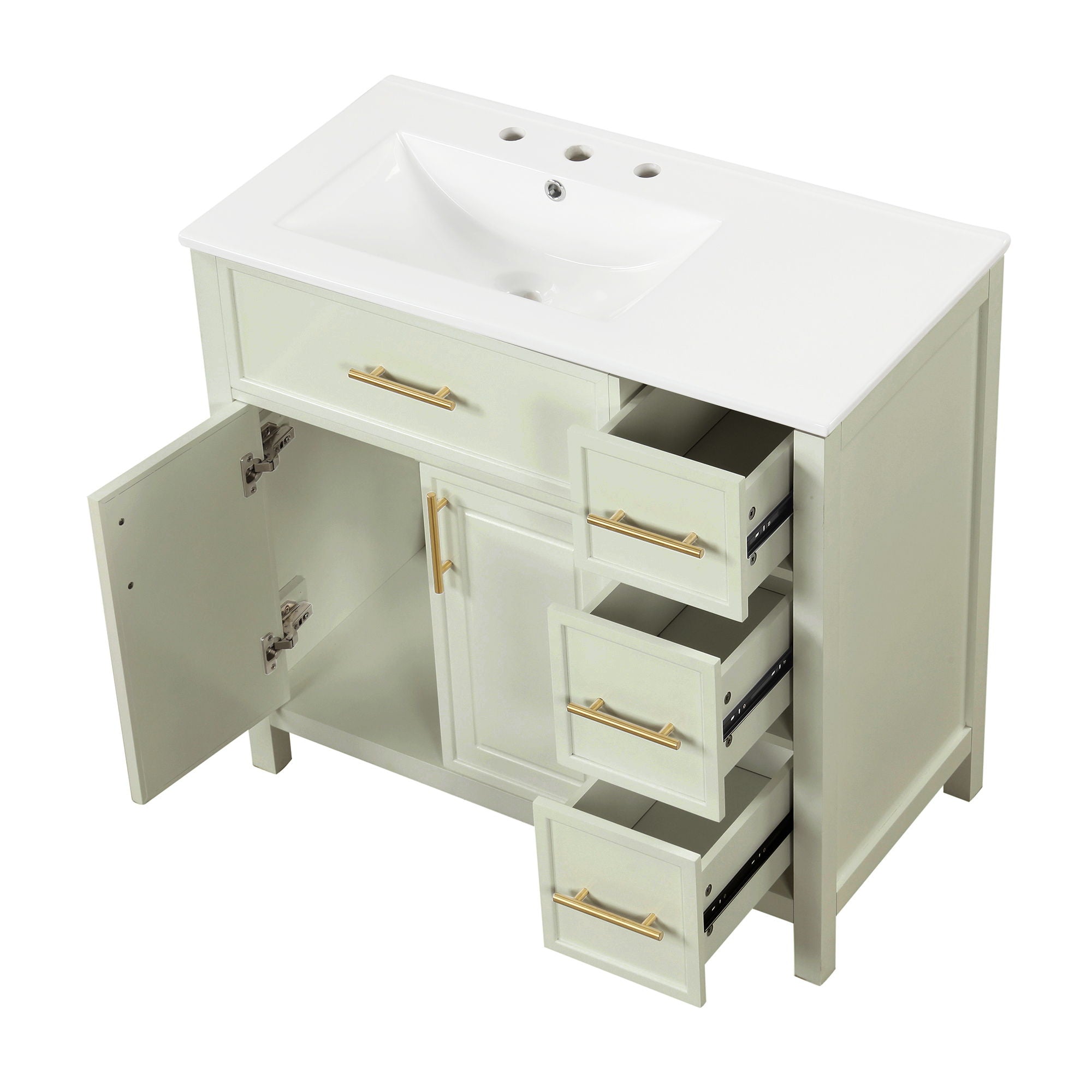 36" Bathroom Vanity With Sink, 2 Doors, 3 Drawers, Rectangular - White