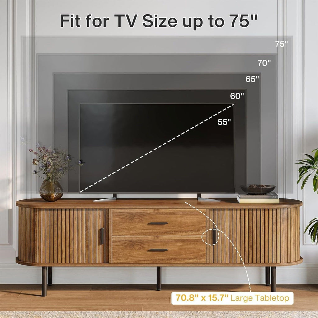Fluted TV Stand With Tambour Sliding Doors - Walnut