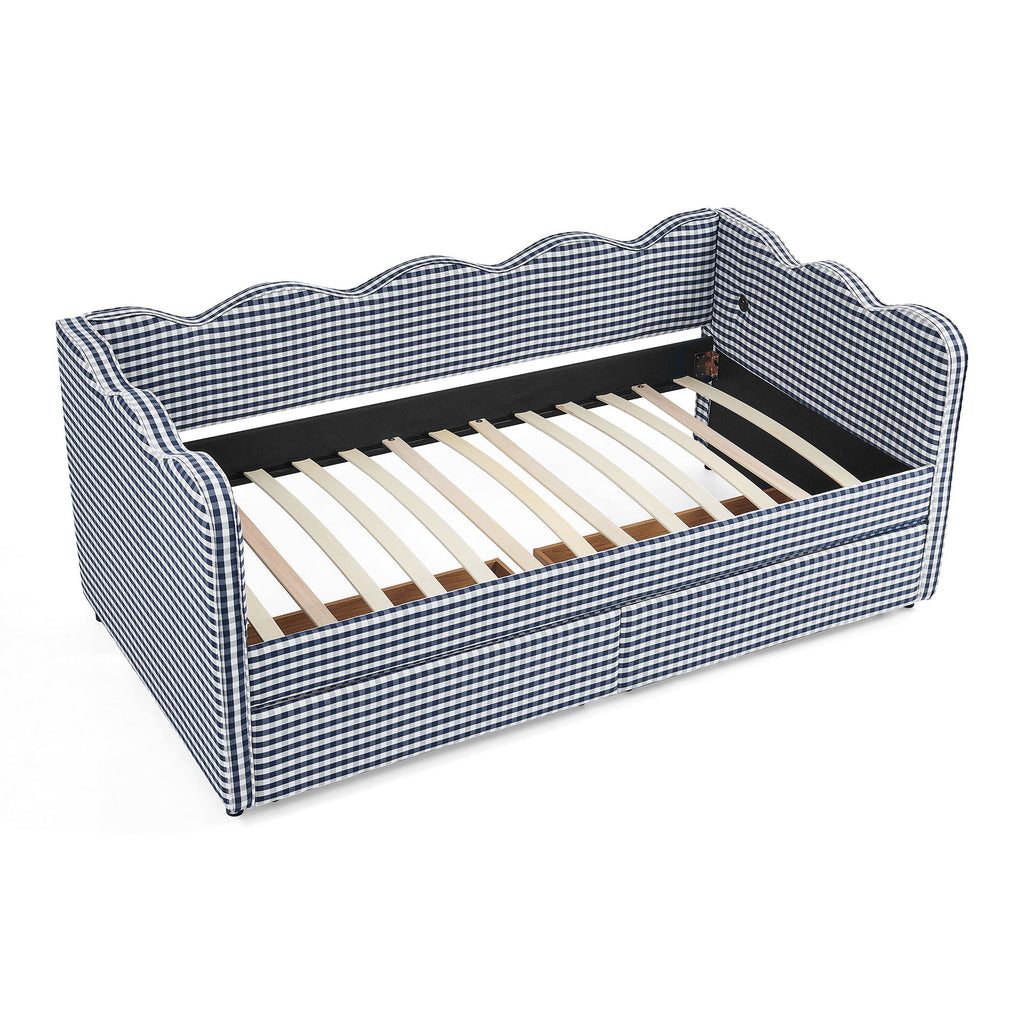 Gingham Daybed With USB Charging Port, Wave-Shaped Design