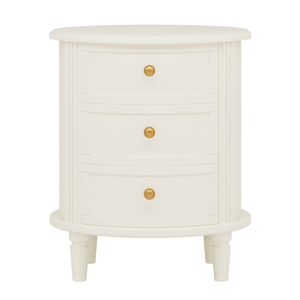 Oval Nightstand With 3 Drawers, Bedside Table - White