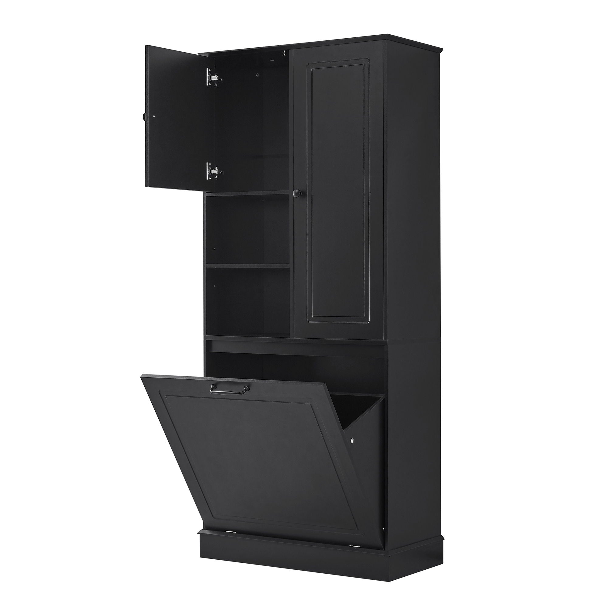 Modern Tall Storage Cabinet With Adjustable Shelves, Flip-Out Basket & Enclosed Doors