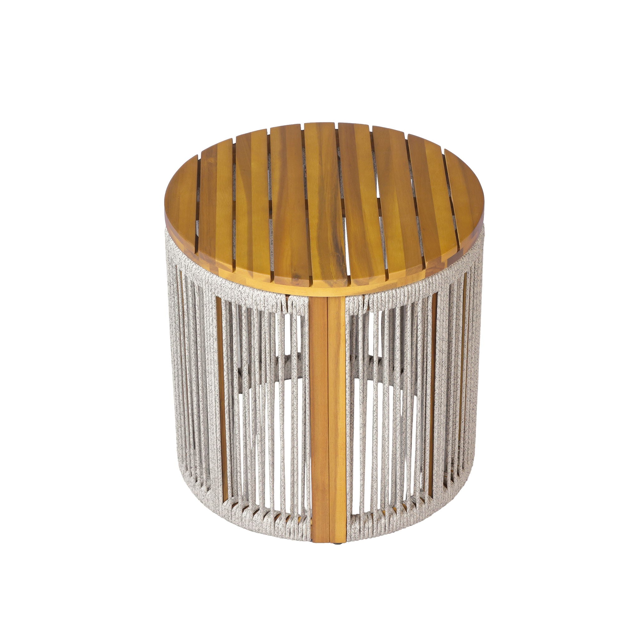 Round Side Table With Rope Detail For Patio - Light Gray / Teak