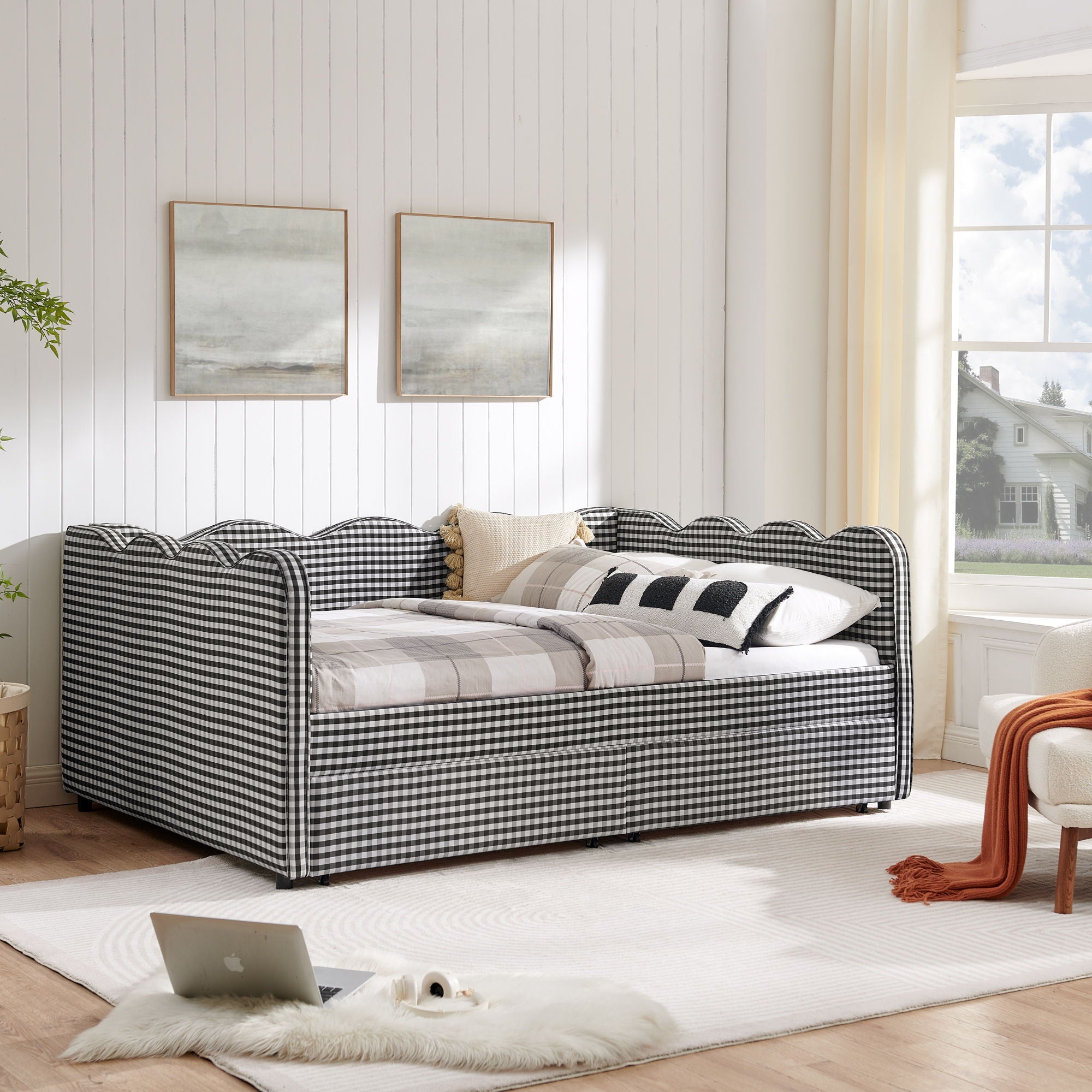 Gingham Daybed & USB Charging Port, Wave-Shaped Design