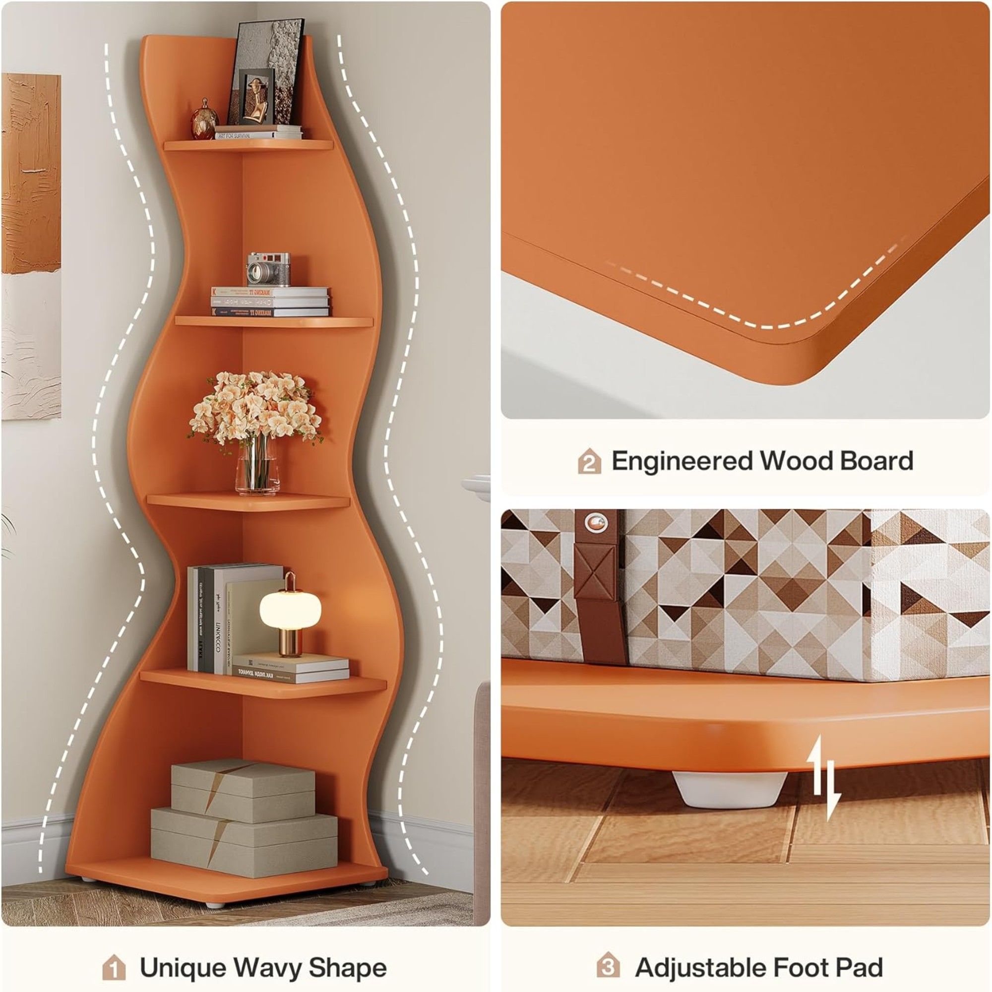 5 Tier Wavy Corner Bookshelf And Plant Stand For Living Room