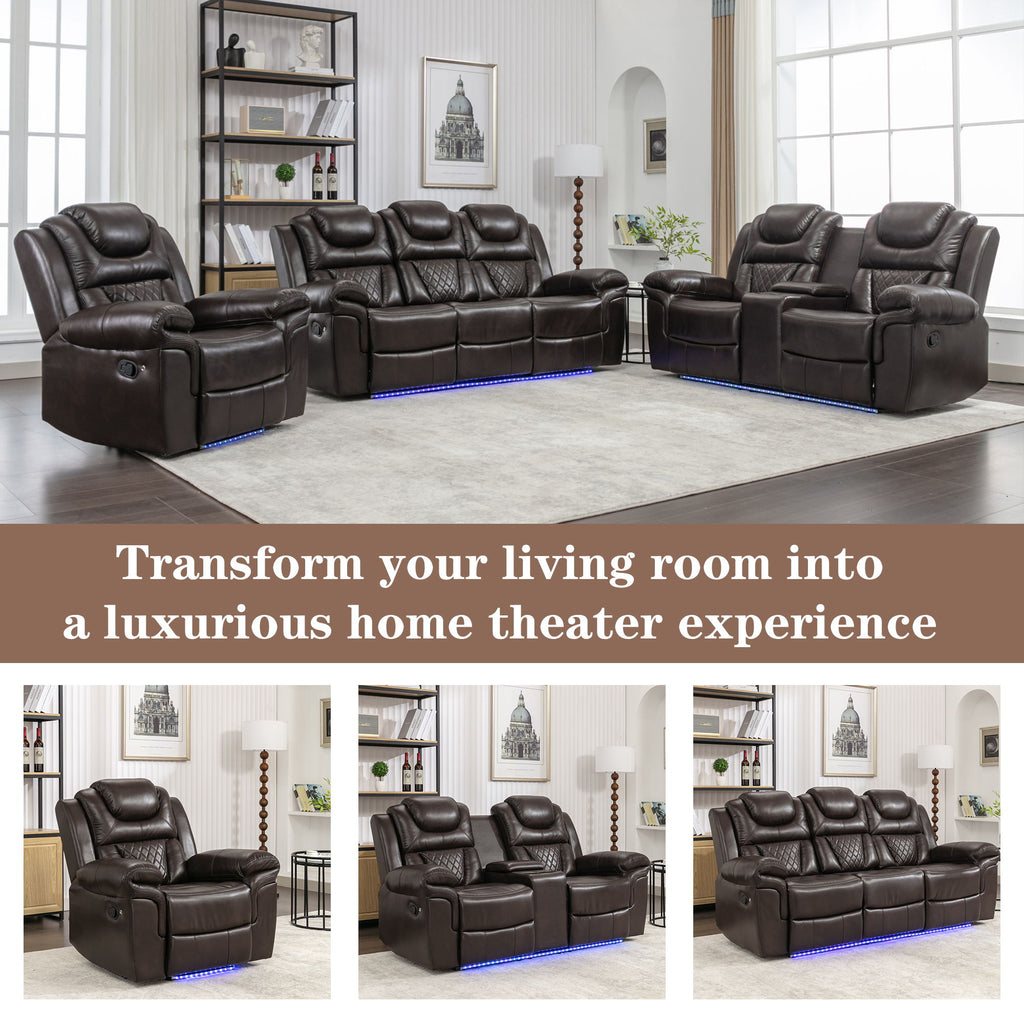 3 Pieces Recliner Sofa Sets Home Theater Seating Manual Recliner Chair With Center Console And LED Light Strip For Living Room