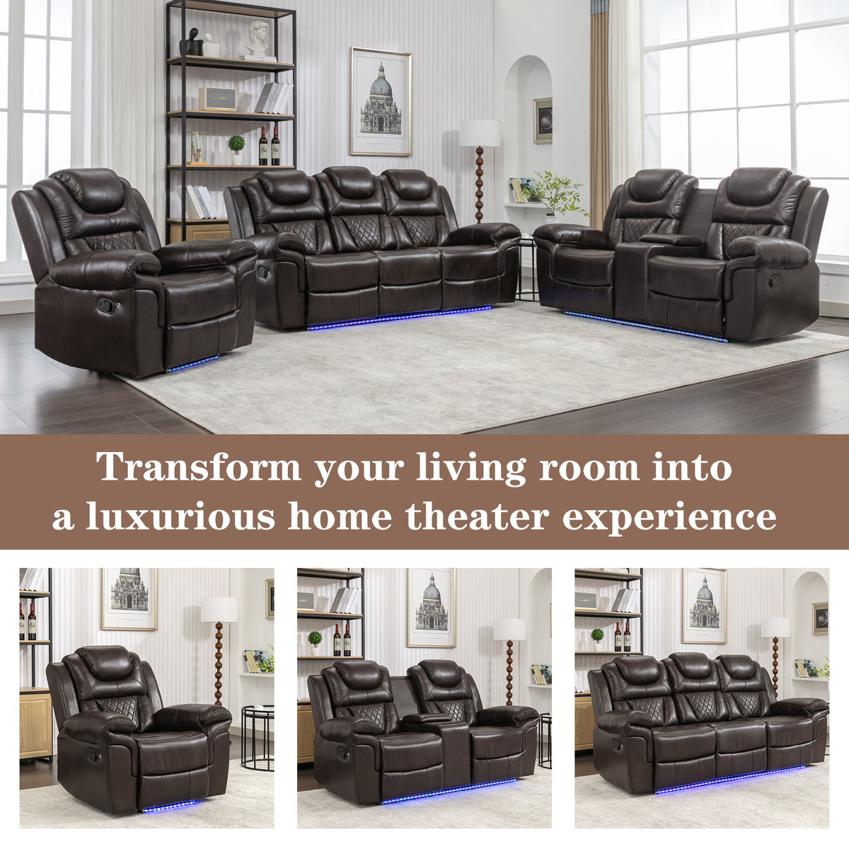 3 Pieces Recliner Sofa Sets Home Theater Seating Manual Recliner Chair & Center Console And LED Light Strip For Living Room - Brown