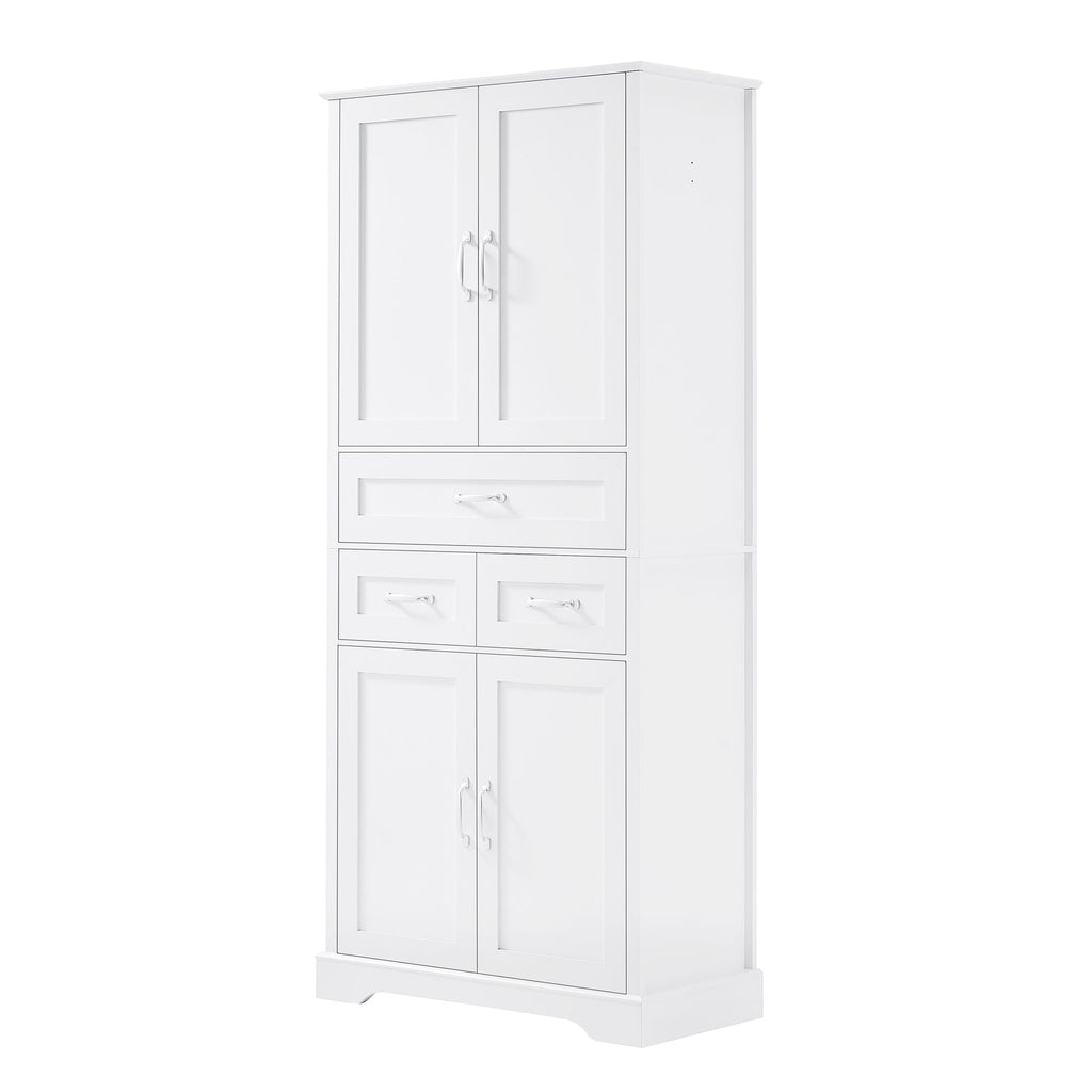 Tall Bathroom Storage Cabinet With 4 Doors 3 Drawers Adjustable Shelves - White