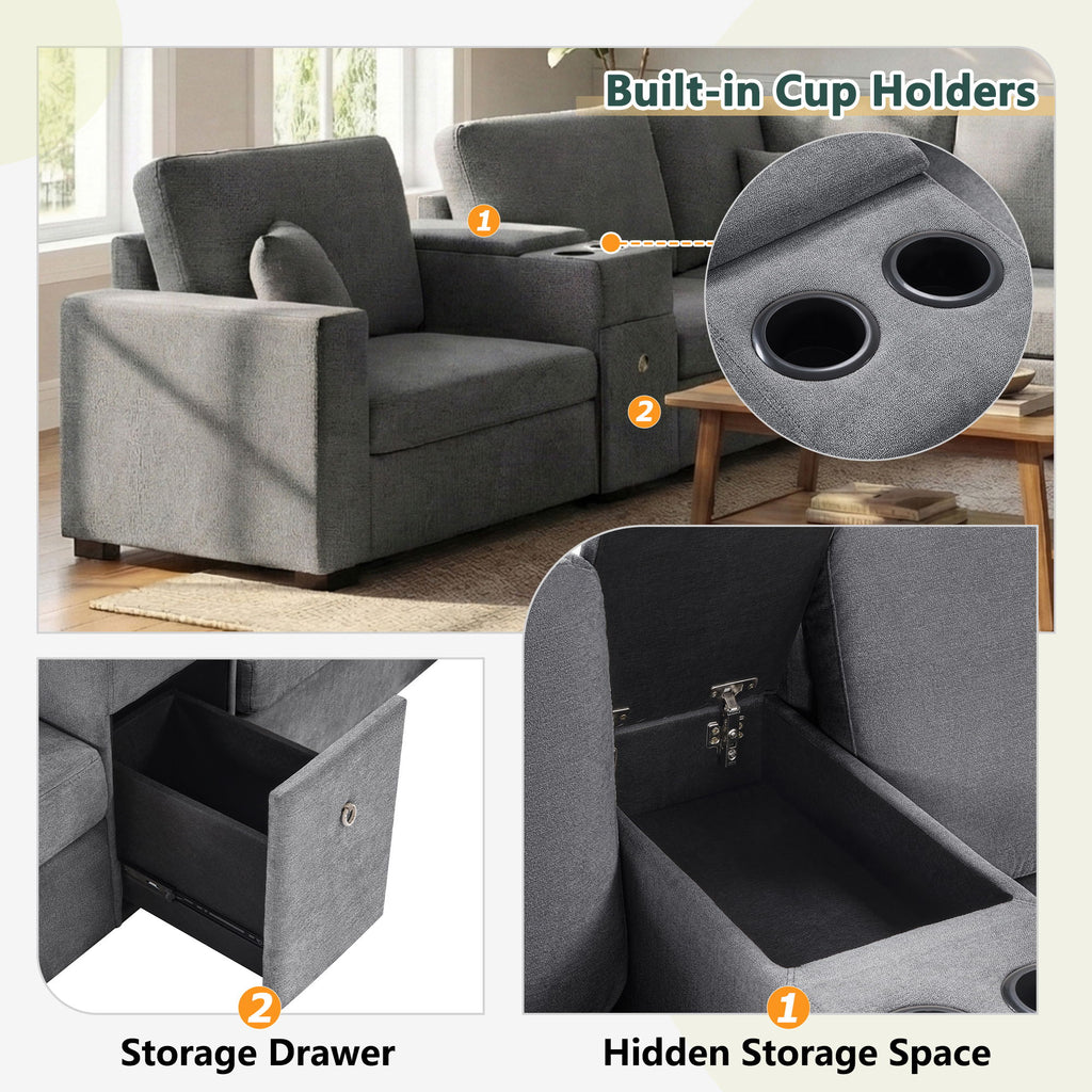 Modular 5 Seat U-Shape Sectional Sofa With Chaise Lounge, Built In Cup Holders And Storage Drawer