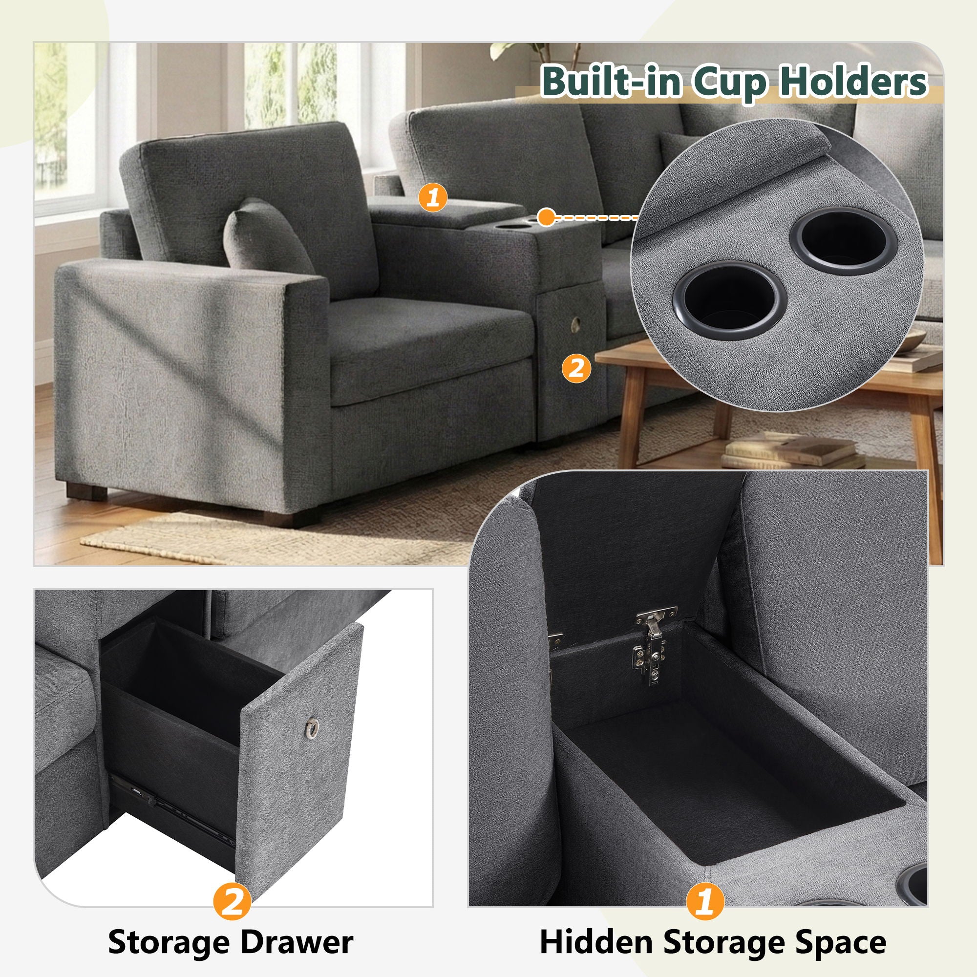 Modular 5 Seat U-Shape Sectional Sofa With Chaise Lounge, Built In Cup Holders And Storage Drawer