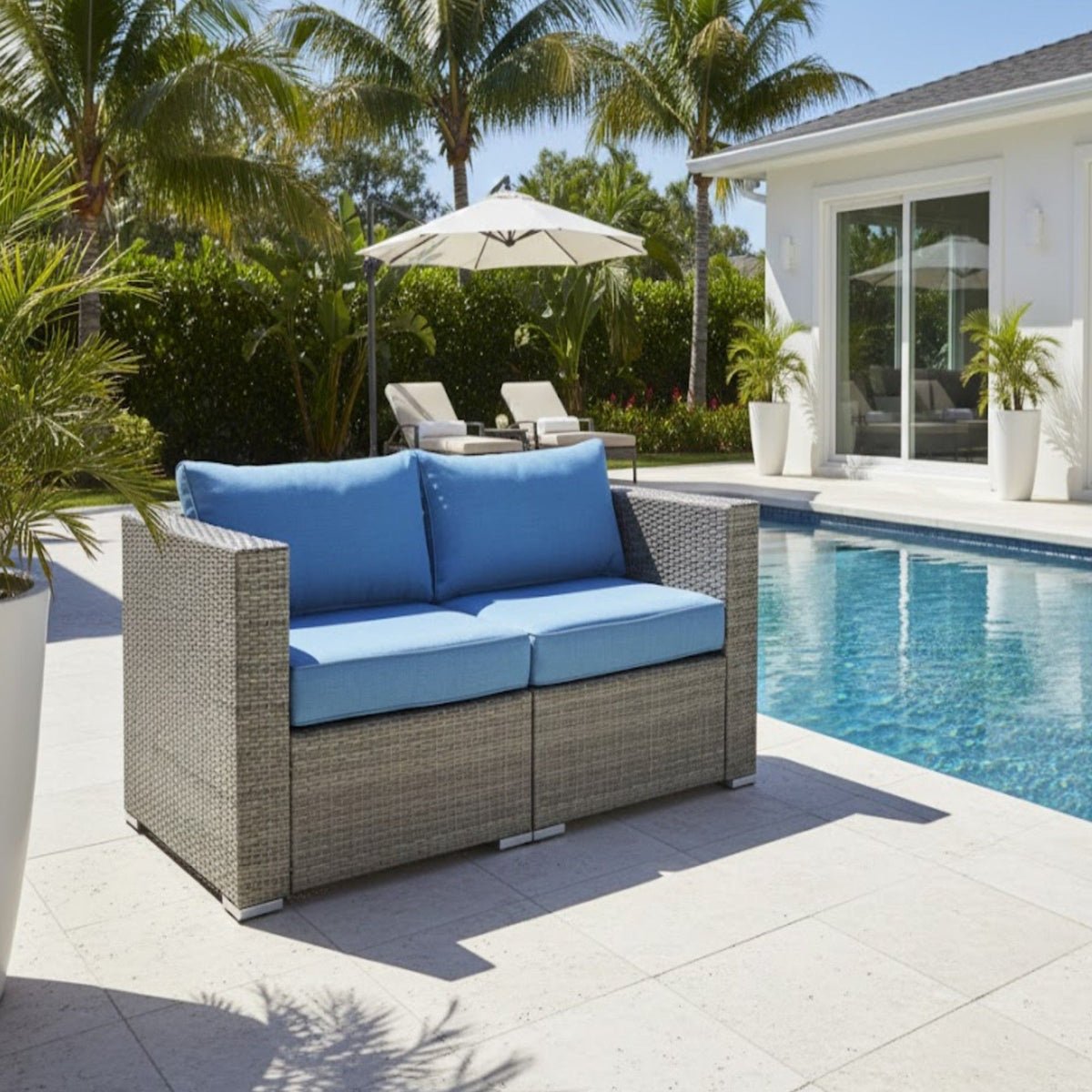 2 Piece Patio Loveseat Set With Thick Cushions, Outdoor Sectional Sofa For Balcony - Blue / Brown