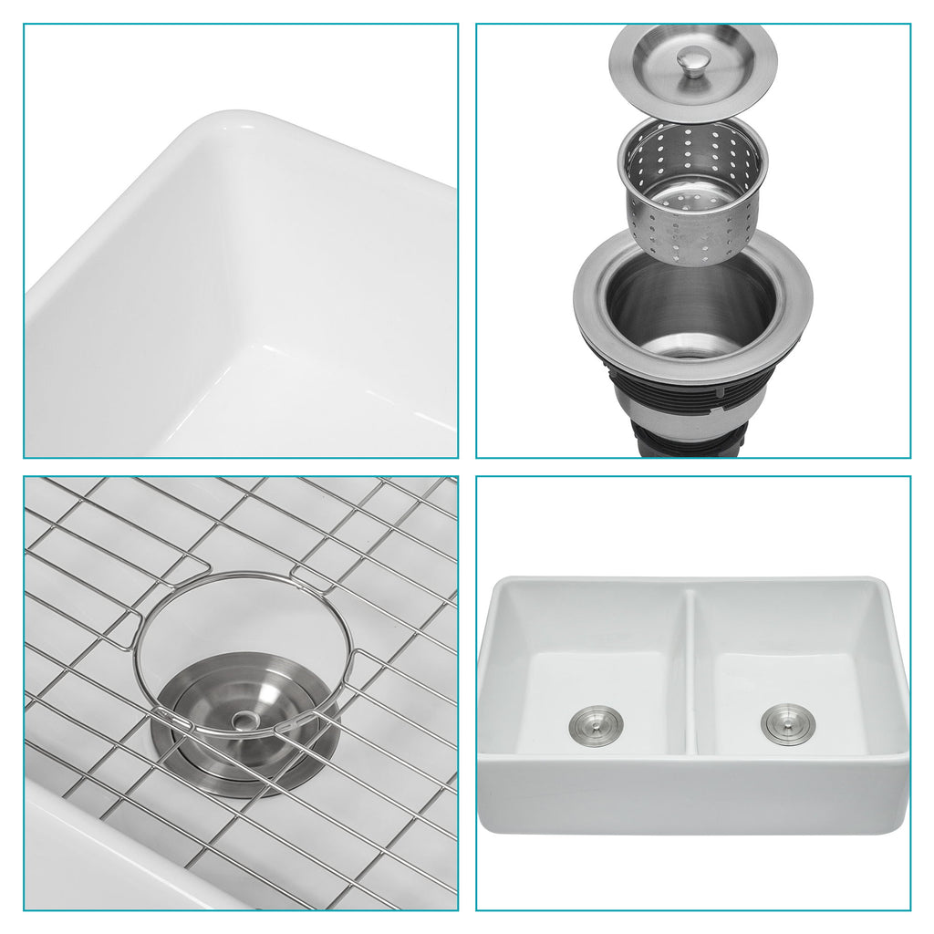 Double Bowl Apron Front Kitchen Sink 32", Sturdy And With Scratch Resistant - White