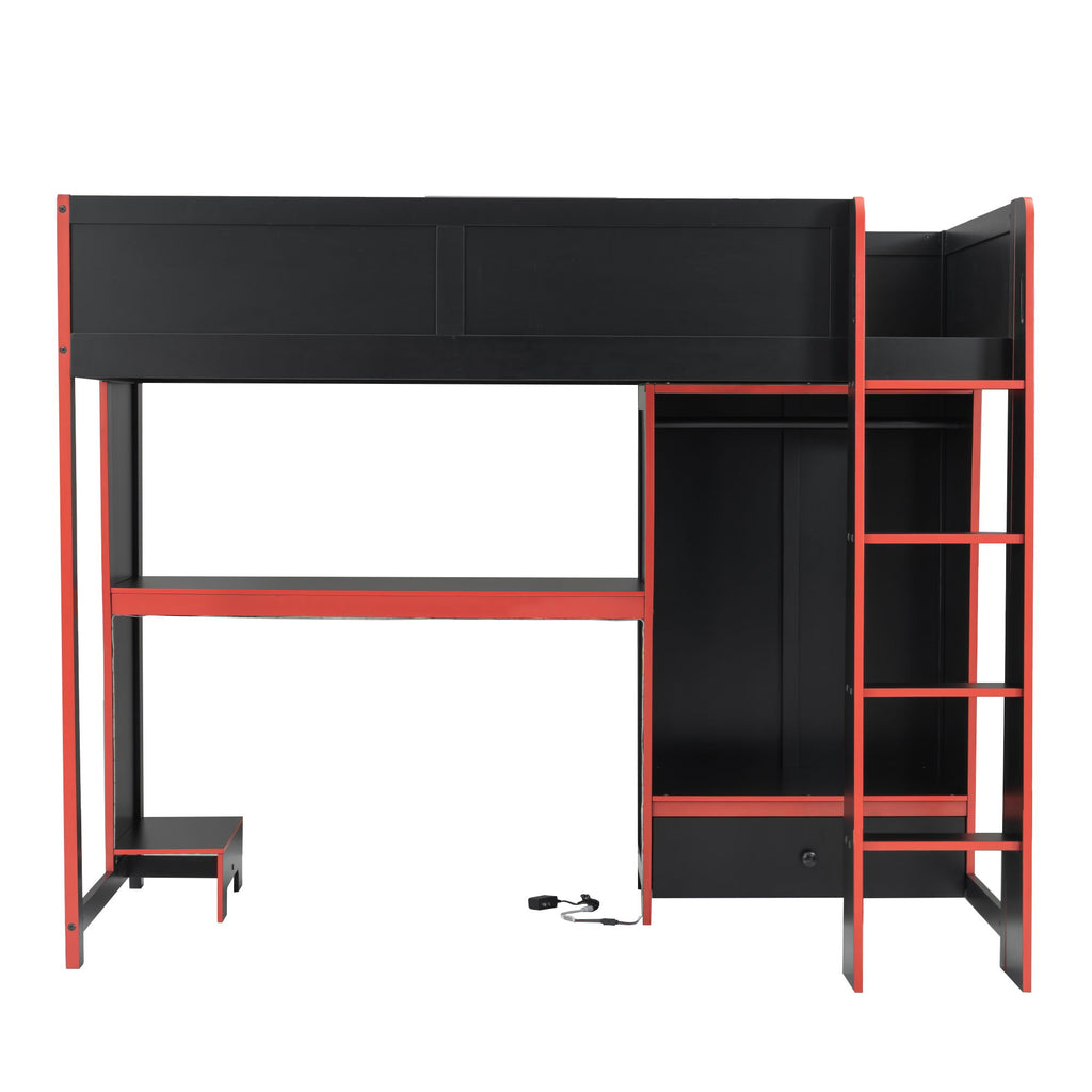Gaming Loft Bed With Built In Desk, Wardrobe, LED Lighting And Drawer