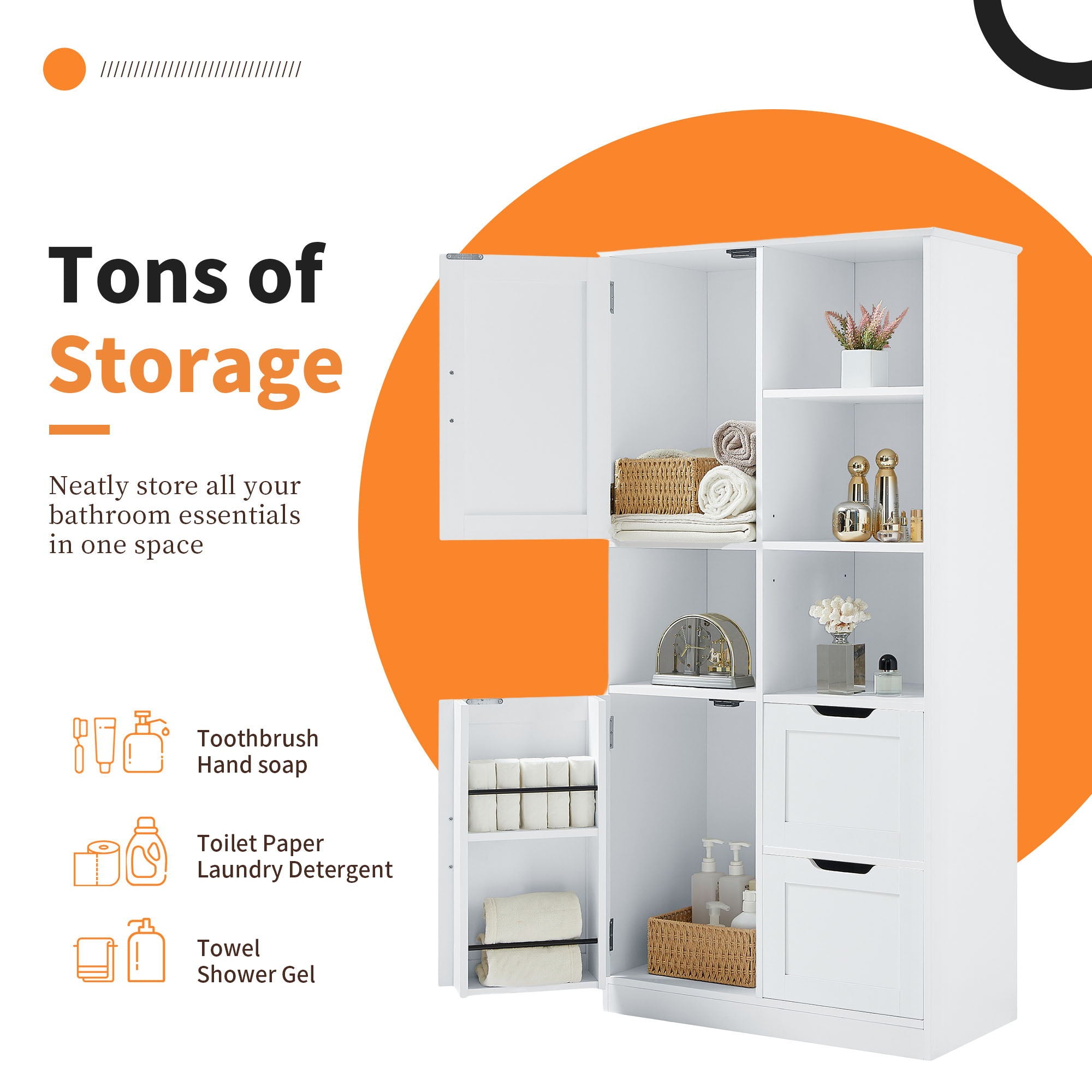 Freestanding Bathroom Storage Cabinet With Doors And Drawers, Adjustable Shelf, Open Shelves - White