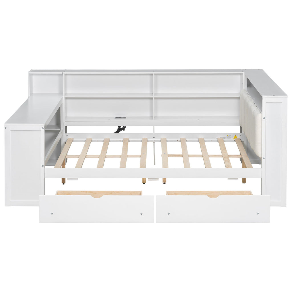 Platform Bed With Storage Shelves, Drawers, Charging Station, LED, Desk