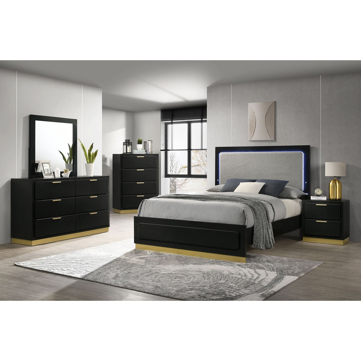 5 Piece California King Bedroom Set With Upholstered Headboard - Black