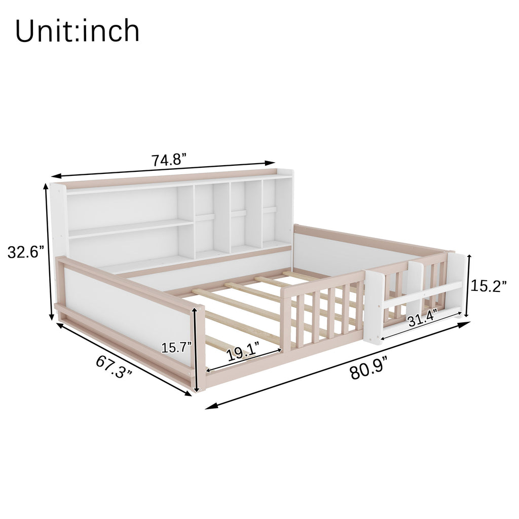 Platform Bed Frame With Guardrail, Storage Shelves & Bookshelf