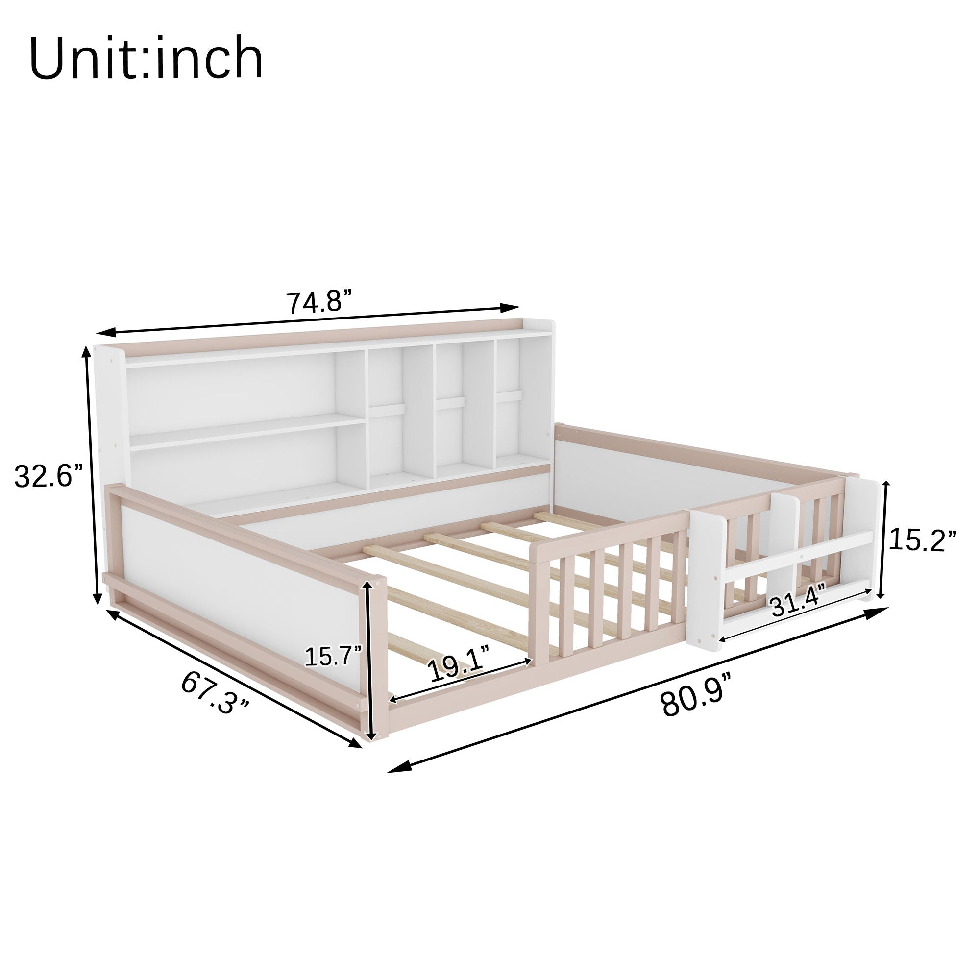 Platform Bed Frame With Guardrail, Storage Shelves & Bookshelf