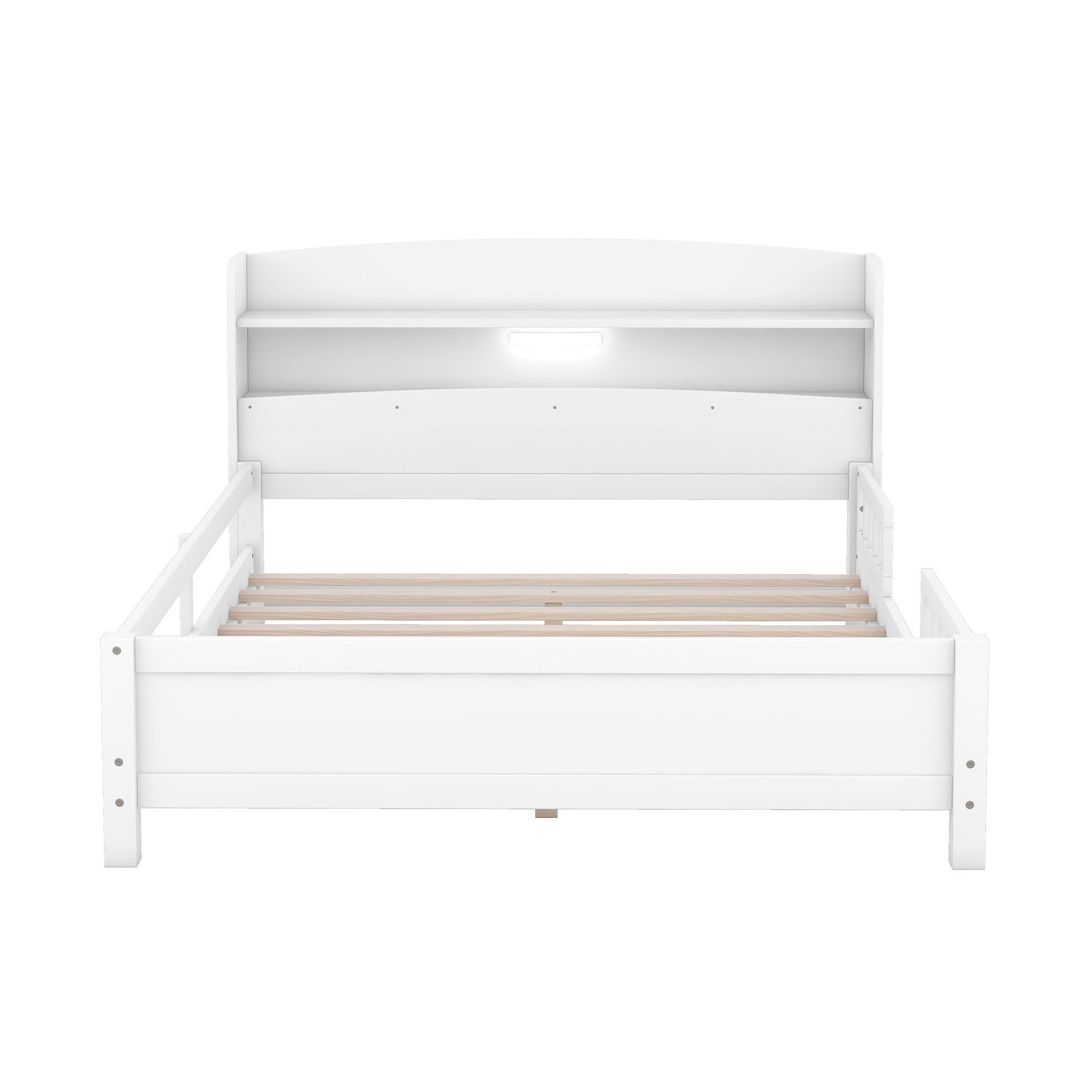 Wood Platform Bed With Built In LED Light, Storage Headboard And Guardrail