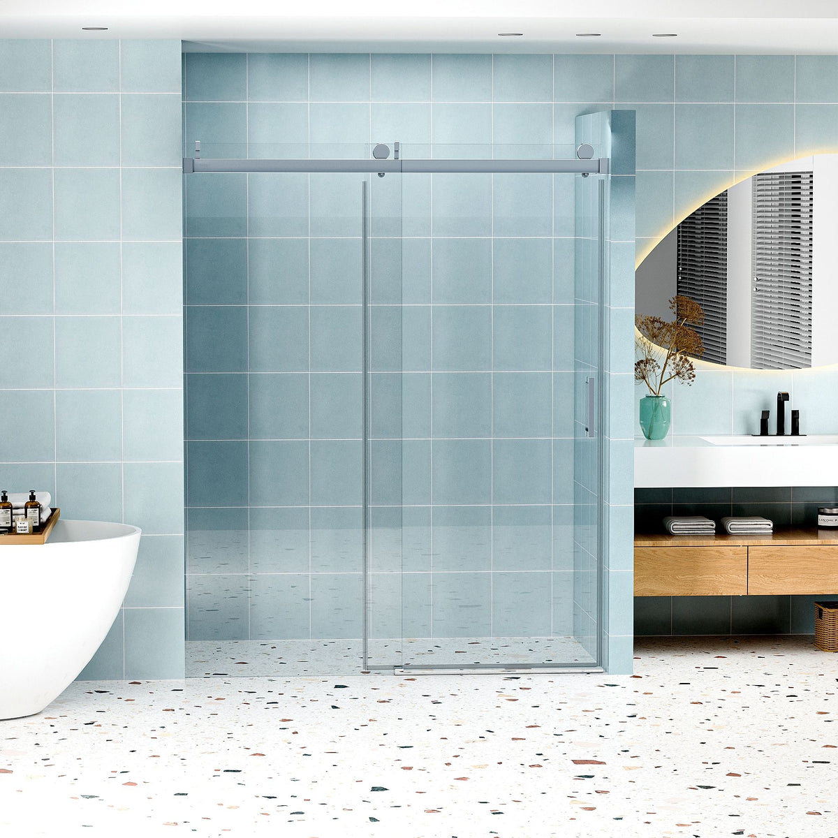 Frameless Soft Closing Shower Door, 1 / 4" (6Mm) Tempered Glass Single Sliding With Explosion Proof Coating - Chrome