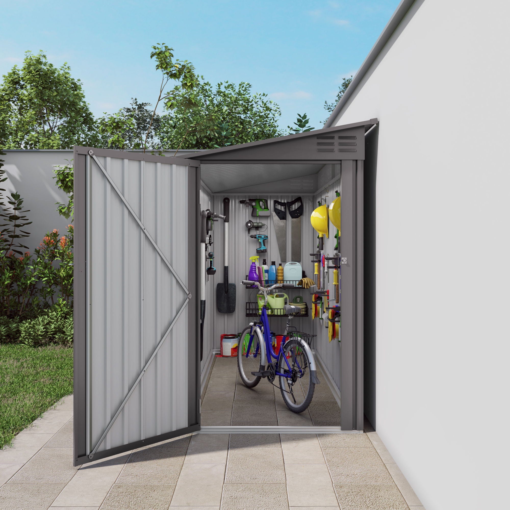 Lean To Shed With Windows, Tool House With Sloping Roof With 2 Vents And 1 Side Open Door For Backyard - Gray