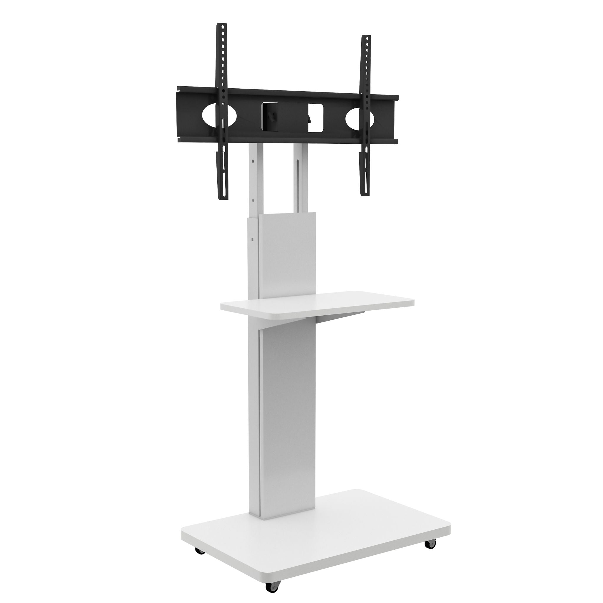 Mobile TV Stand With Shelf Floor Mount Cart For TVs With Lockable Wheels Ideal For Living Room Bedroom Or Office - White