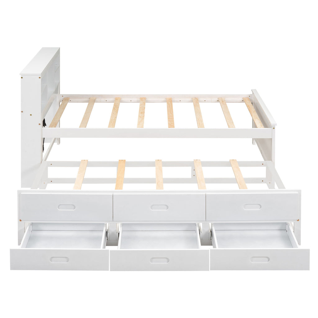 Platform Bed With Storage Headboard, USB, Trundle And 3 Drawers