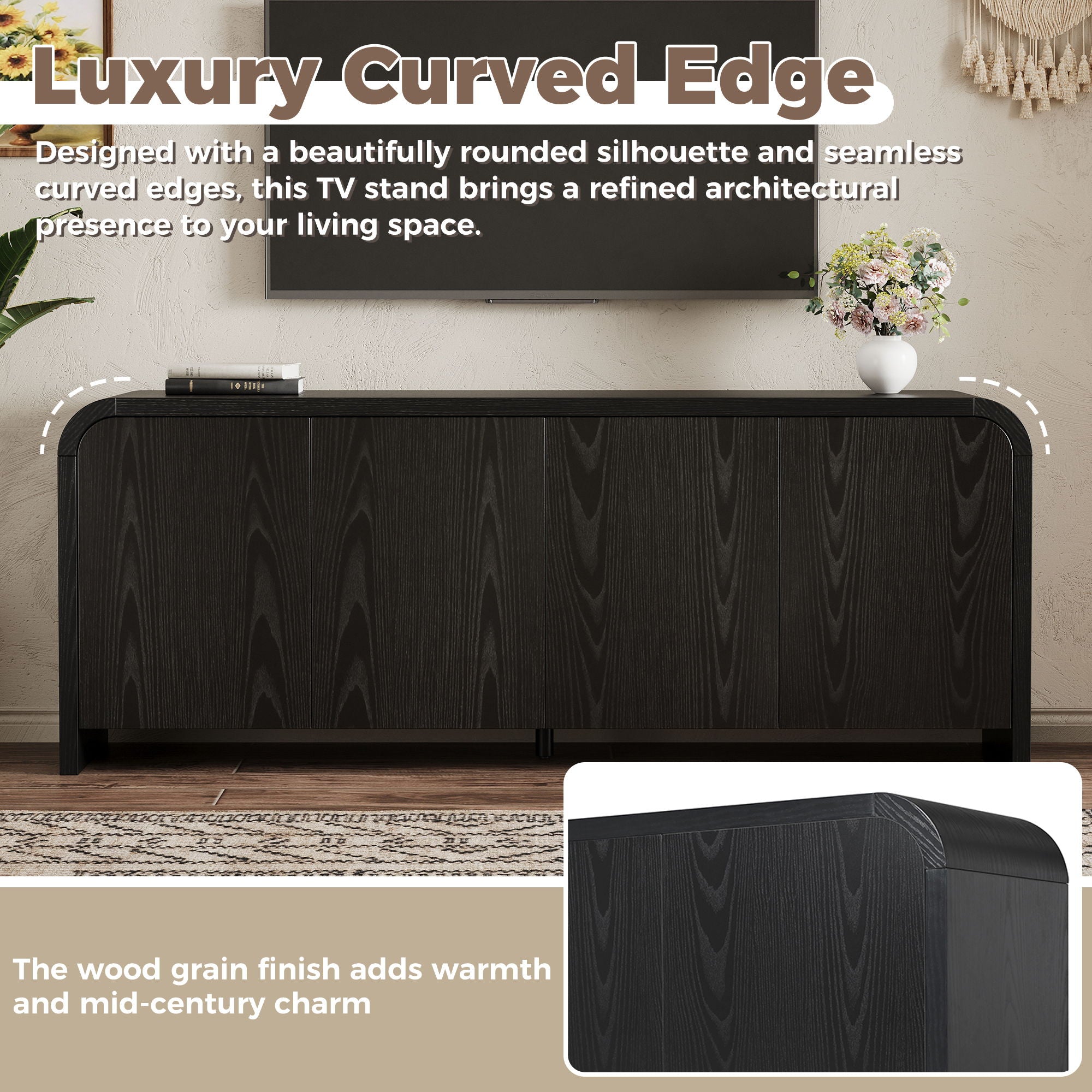 Curved Edge TV Stand With Large Cabinets