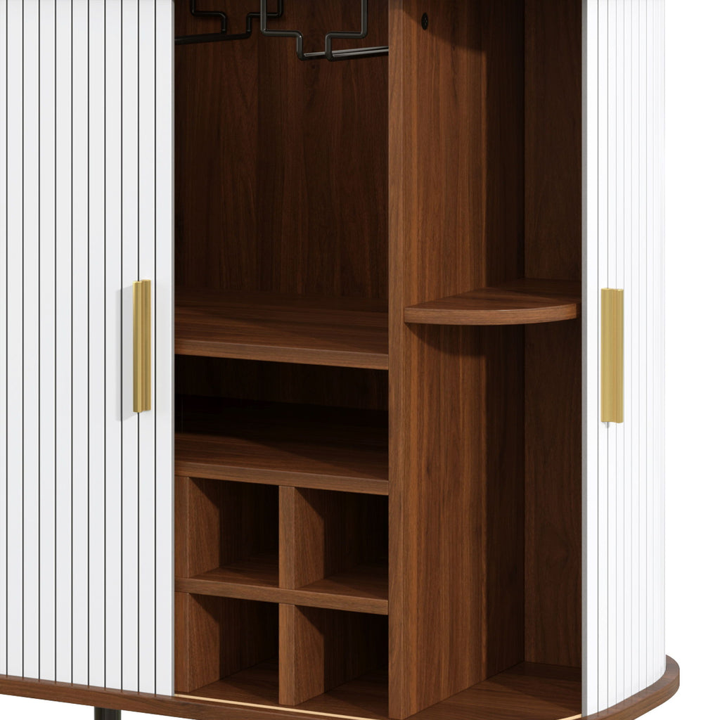 Fluted Wine Bar Cabinet With 8 Grid Wine Rack, 5 Level Adjustable Shelves, 2 Glass Holders