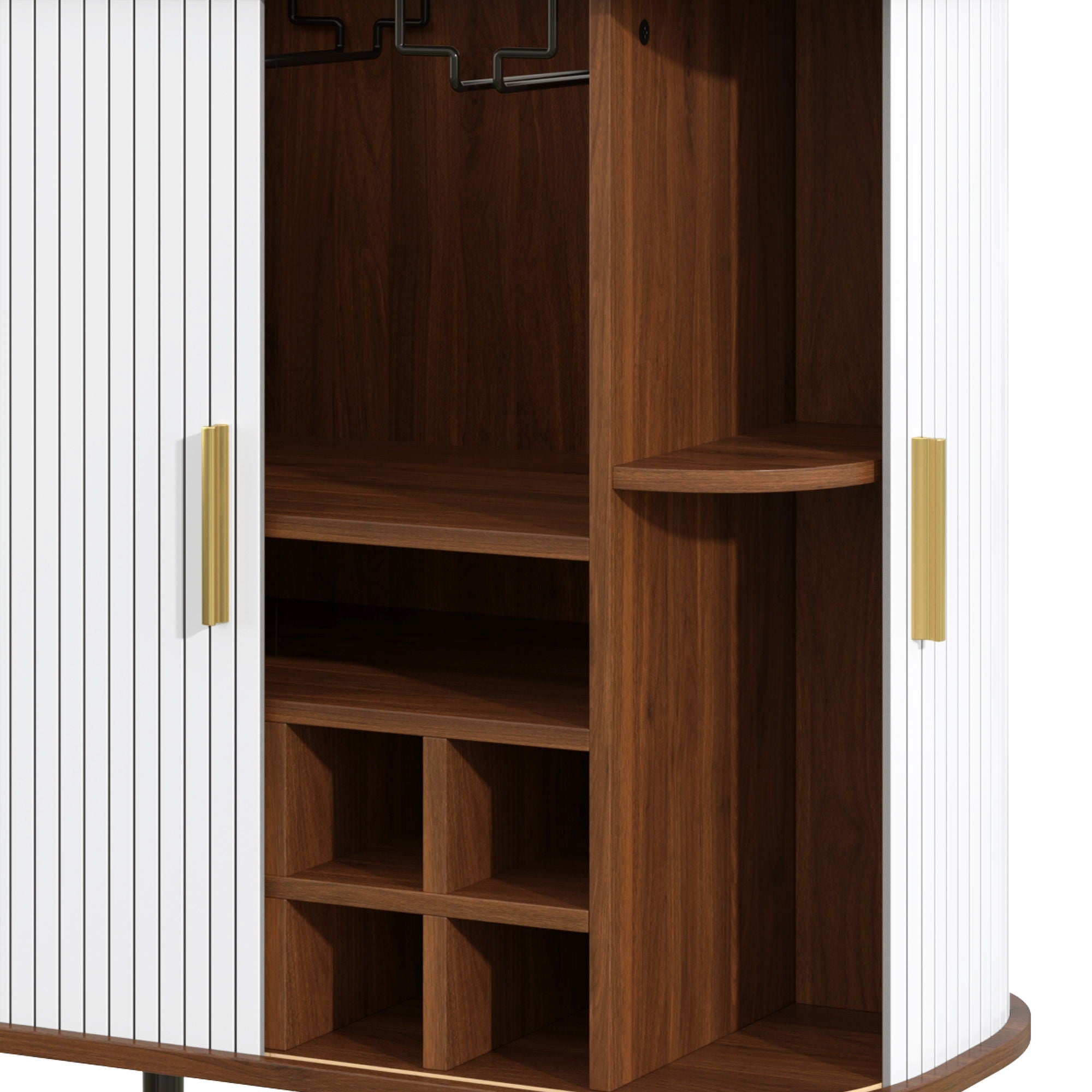 Fluted Wine Bar Cabinet With 8 Grid Wine Rack, 5 Level Adjustable Shelves, 2 Glass Holders