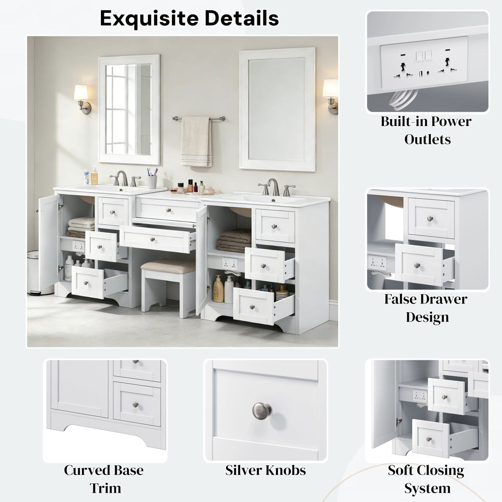 Double Sink Bathroom Vanity With Countertop, 2 Ceramic Sinks, 6 Drawers, Soft Close Design