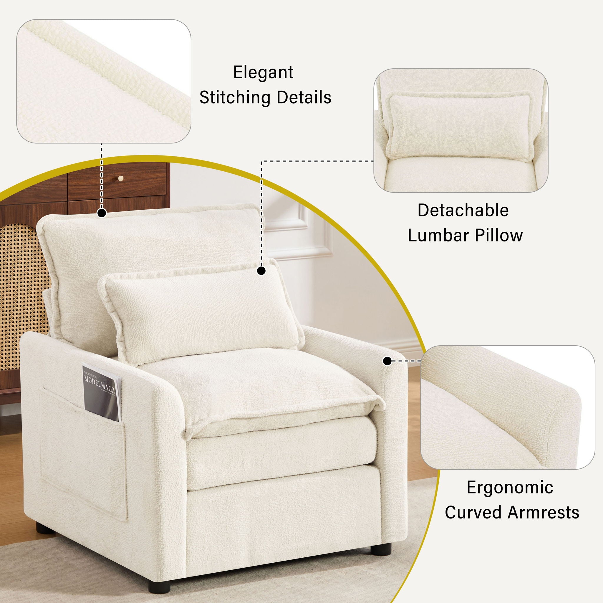 Modern Single Seat Accent Chair With Side Storage Pockets