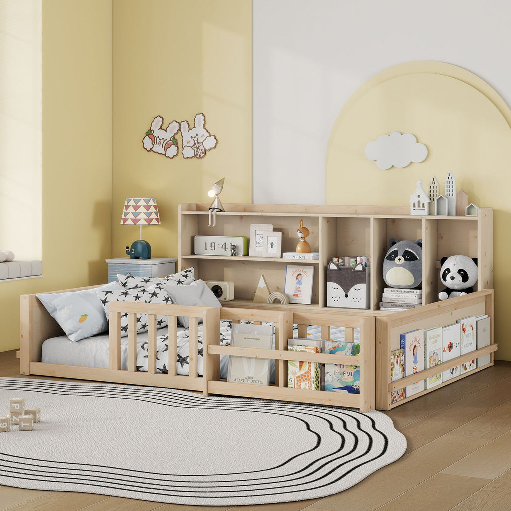 Platform Bed Frame With Guardrail, Storage Shelves & Bookshelf