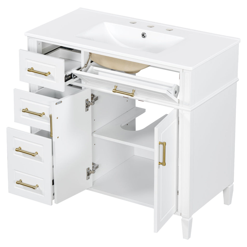 Bathroom Vanity With Sink, 4 Drawers (1 Flip Drawer), 2 Doors & Adjustable Shelf - White
