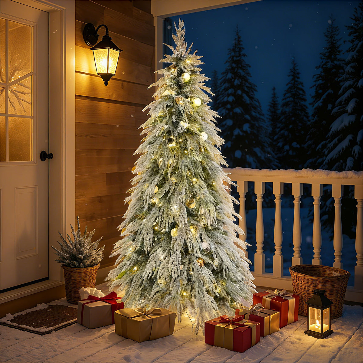 5Ft Pre Lit Spruce Snow Flocked Christmas Tree With LED Lights, Artificial Hinged Xmas Tree - White / Green