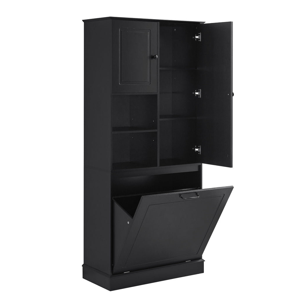Modern Tall Storage Cabinet With Adjustable Shelves, Flip-Out Basket & Enclosed Doors