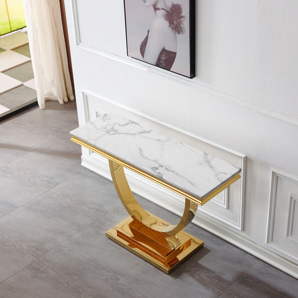 Modern Rectangular Marble Printing Console Table, U Shape Stainless Steel Base With Mirrored Finish