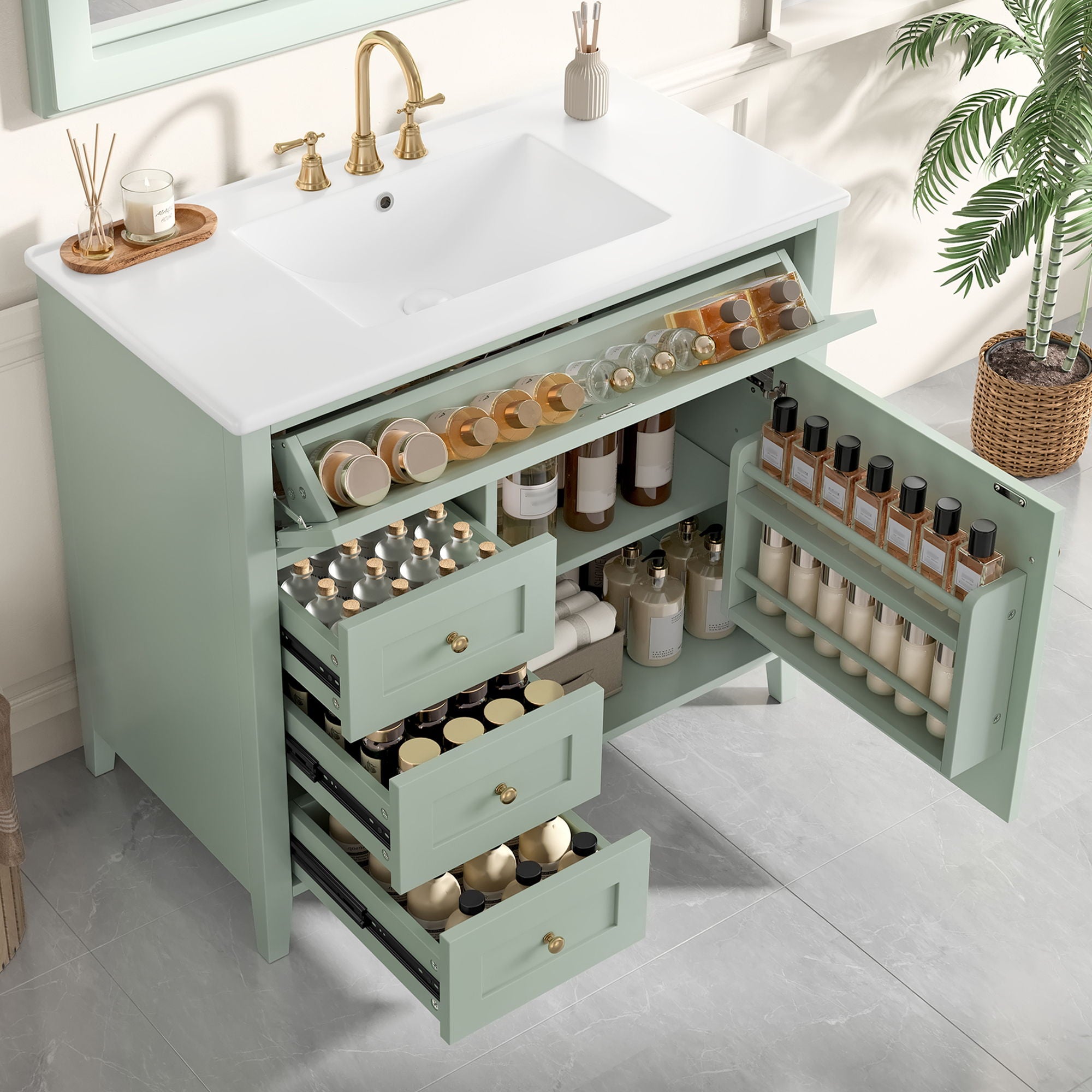 Bathroom Vanity With Sink, 3 Drawers & Cabinet With Adjustable Shelves