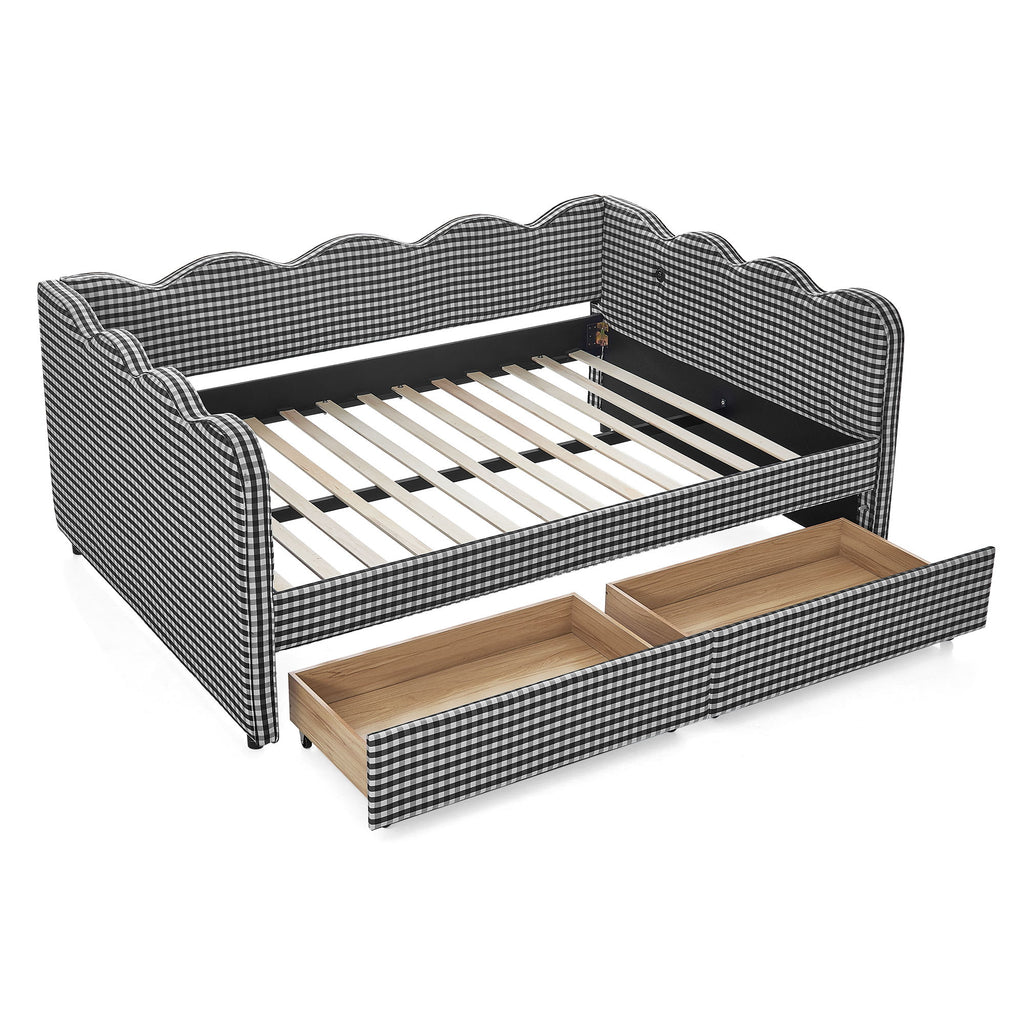 Gingham Daybed & USB Charging Port, Wave-Shaped Design