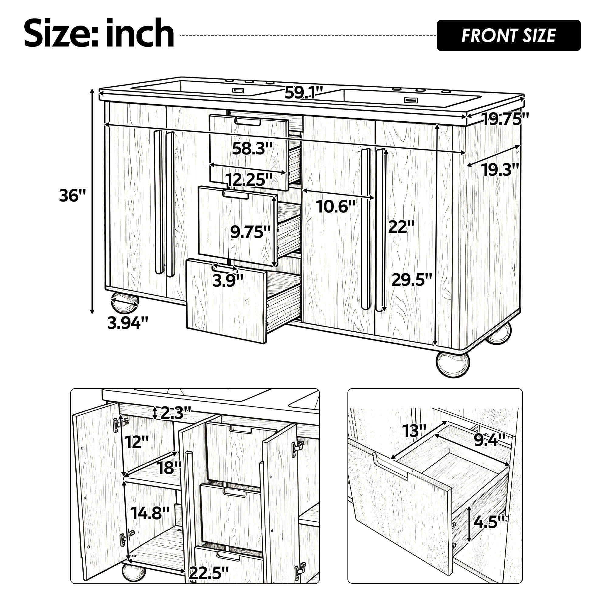 Double Sink Bathroom Vanity With Sinks, Soft Close Doors & 3 Drawers - Wood