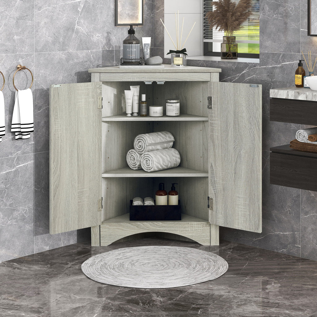 Triangle Bathroom Storage Cabinet With Adjustable Shelves, Freestanding Floor Cabinet - Oak