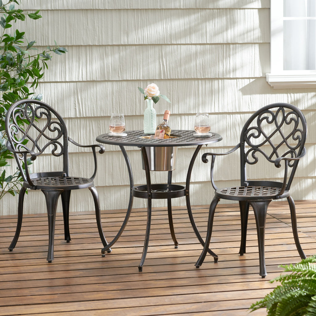 3 Piece Outdoor Aluminium Cast Bistro Set With Ice Bucket - Copper