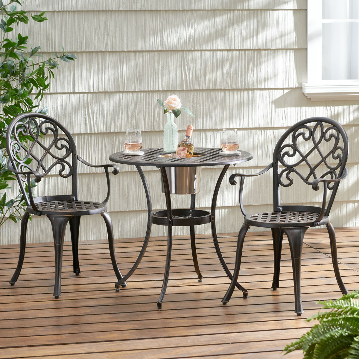 3 Piece Outdoor Aluminium Cast Bistro Set With Ice Bucket - Copper