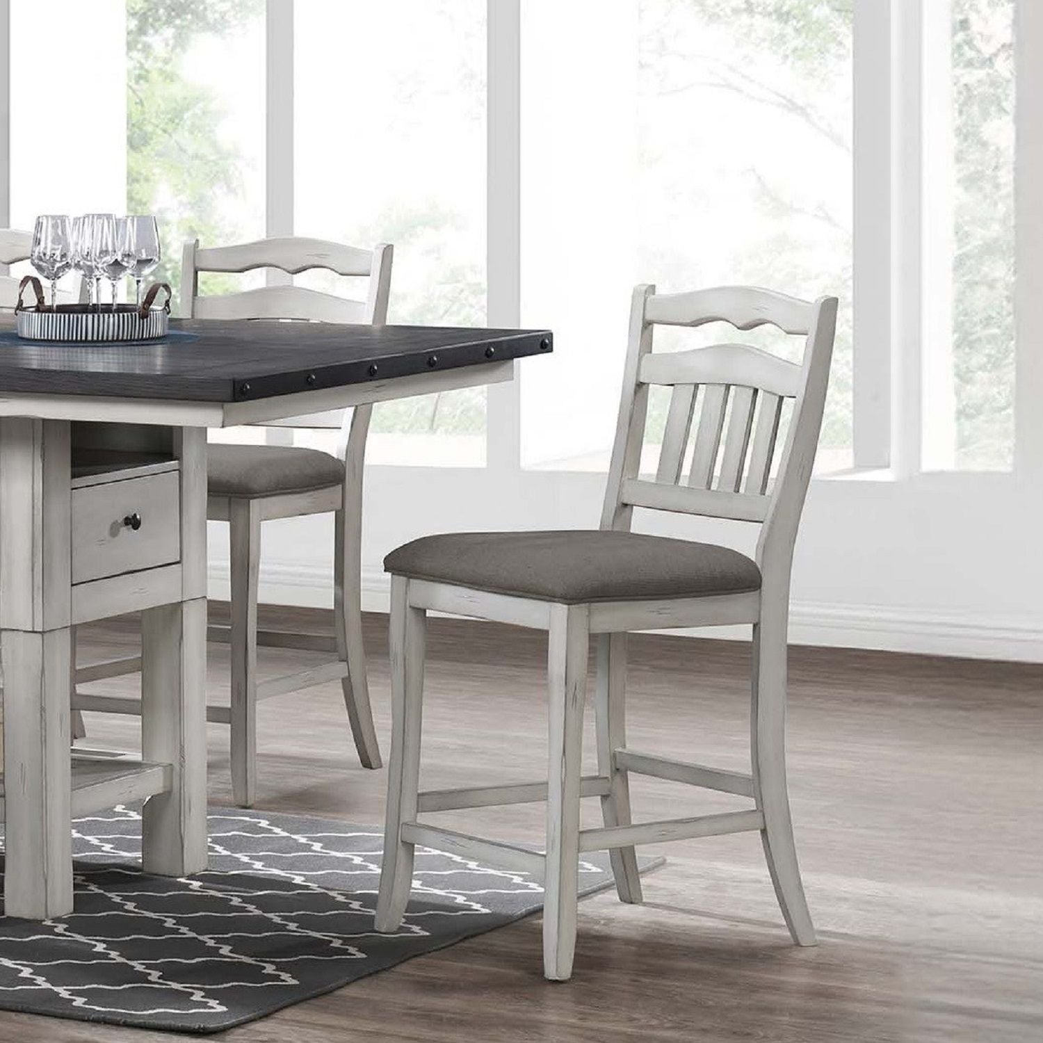 7 Piece Counter Height Dining Set With Storage Base And Ladder Back Chairs - Antique White / Gray
