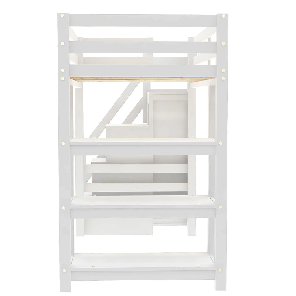 Loft Bed With 4 Layer Shelves, Storage Staircase, Small Wardrobe And LED Light