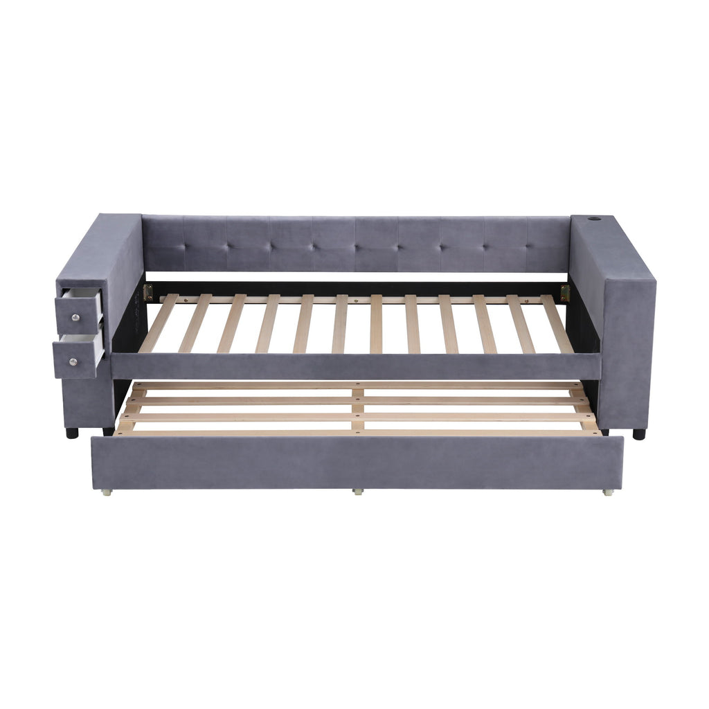 Upholstered Bed With Storage And Twin Trundle, USB Charging Ports