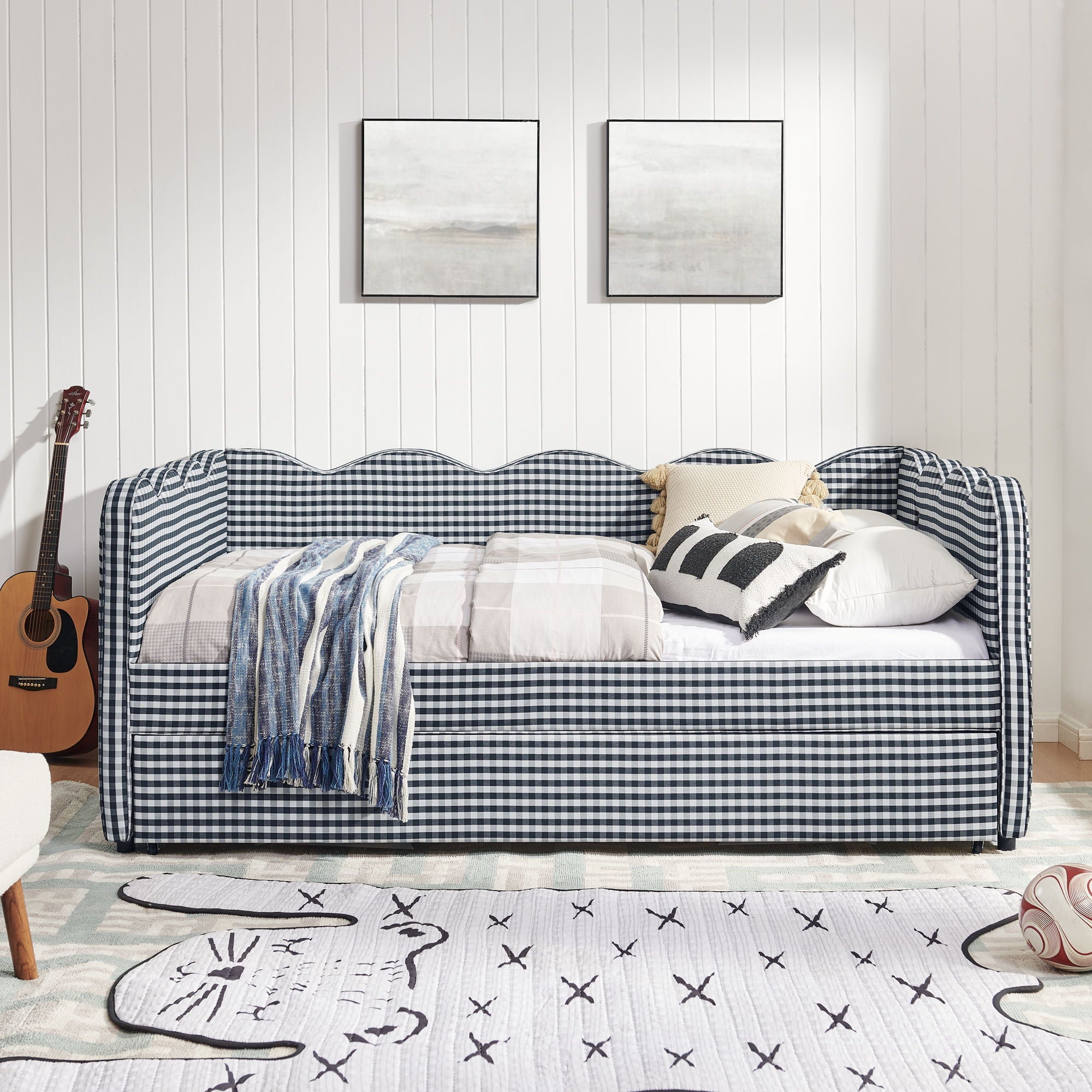 Gingham Daybed & USB Charging Port, Wave-Shaped Design