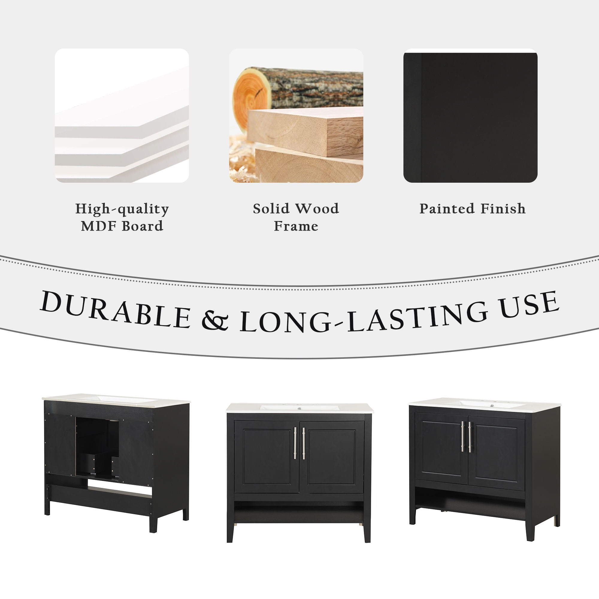 36" Bathroom Vanity With Sink, Frame Cabinet With Doors And Drawers - Black
