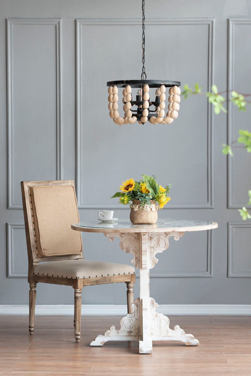 4 Light Wood Chandelier, Hanging Light Fixture With Adjustable Chain For Kitchen, Bulb Not Included - Cream